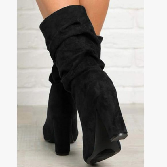 Slouchy Mid Calf Black Faux Suede Boots - Picture 3 of 4